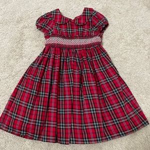 Smocked style Christmas dress, red plaid, with buttons in back and bow